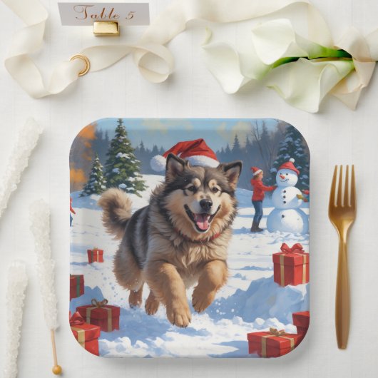 Assiettes En Carton Alaskan Malamute Noël Festive Scène de neige (Mariage)