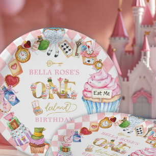 Assiettes En Carton Alice au Pays des Merveilles 1er anniversaire Rose