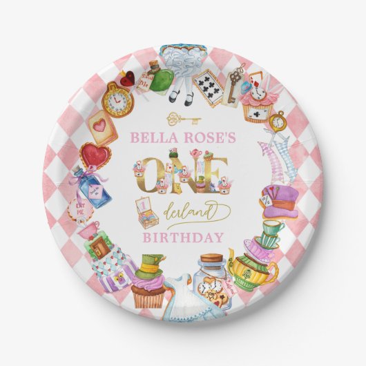 Assiettes En Carton Alice in Wonderland 1st birthday Pink (Devant)