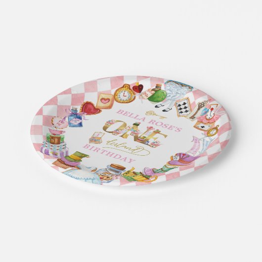 Assiettes En Carton Alice in Wonderland 1st birthday Pink (Angle)
