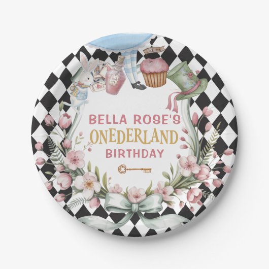 Assiettes En Carton Alice in Wonderland Flower Frame  1st birthday (Devant)