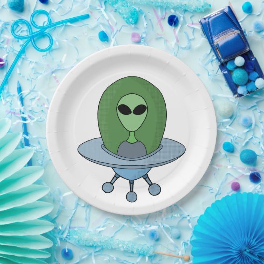 Assiettes En Carton Alien dans son petit vaisseau spatial (Fête)