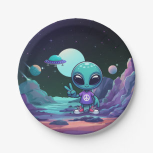 Assiettes En Carton Alien de paix mignon et vaisseau spatial