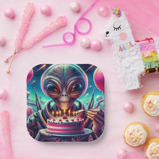 Assiettes En Carton Alien extraterrestre mangeant Anniversaire Gâteau (Fête)