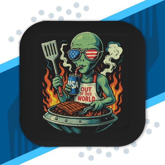 Assiettes En Carton Alien Patriotique Drôle Grillant au Barbecue Améri