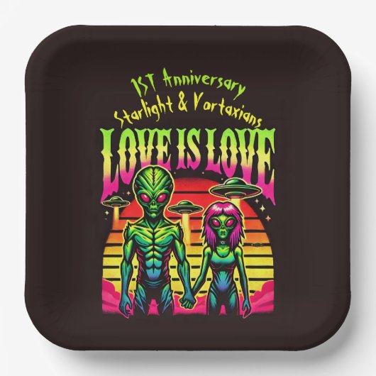 Assiettes En Carton Aliens brillants en amour sous ciel (Recto)