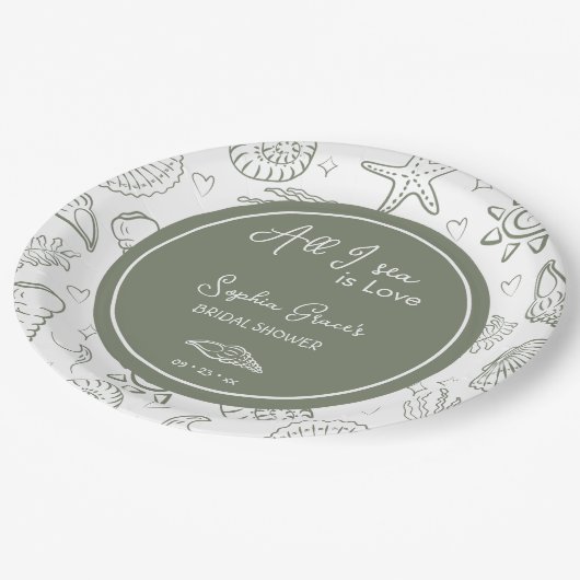 Assiettes En Carton All I Sea is Love Sage Green Seashells Doodles (Angle)