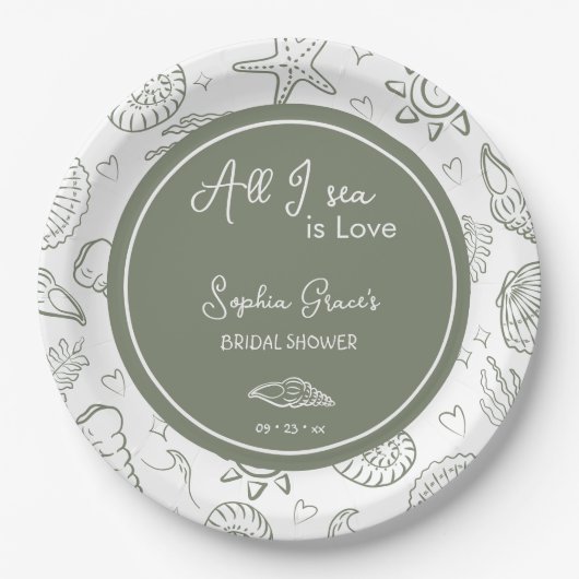 Assiettes En Carton All I Sea is Love Sage Green Seashells Doodles (Devant)