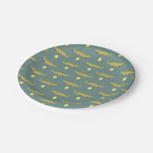 Assiettes En Carton alligator avec ballons imprimés gris (Angle)