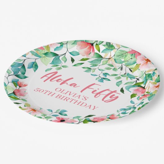 Assiettes En Carton Aloha Cinquante Tropical Luau 50e anniversaire (Angle)