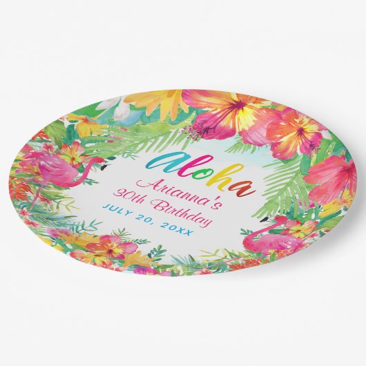 Assiettes En Carton Aloha Flamant rose tropical Anniversaire Luau  (Angle)