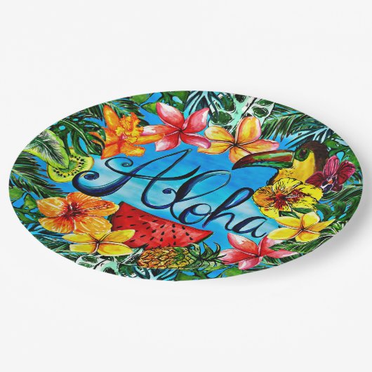 Assiettes En Carton Aloha - nourriture tropicale de fleur et (Angle)