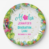 Assiettes En Carton Aloha Tropical Flamant rose Graduation Luau (Devant)