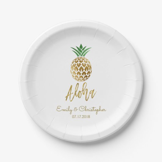 Assiettes En Carton Aloha Tropical Hawaiian Mariage Ananas Blanc (Devant)