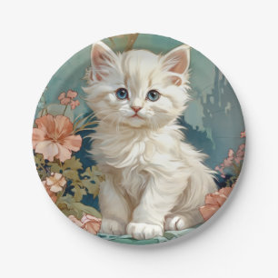 Assiettes En Carton Alphonse Mucha Style Chat blanc