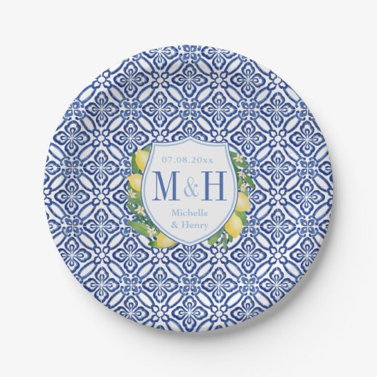 Assiettes En Carton Amalfi Lemons Fête De Mariage Carrelage Bleu Et Bl (Devant)