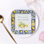 Assiettes En Carton Amalfi Positano tuiles bleues citrons douche nupti<br><div class="desc">Amalfi Positano Vietri bleu Majolica tuiles citrons nuptiale de la vaisselle de douche personnalisée,  à thème méditerranéen bleu blanc et jaune de la nuptiale plaques de douche.</div>