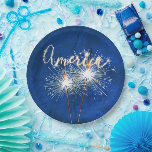 Assiettes En Carton America Sparkler sur Blue Leather (Fête)