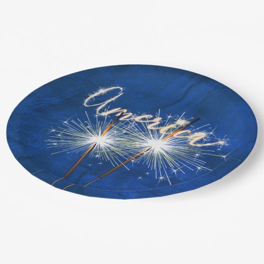 Assiettes En Carton America Sparkler sur Blue Leather (Angle)