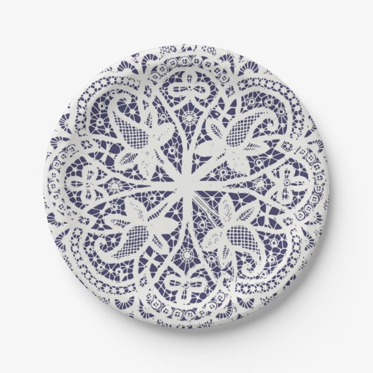 Assiettes En Carton American Doily & Lace, 8, Crème sur bleu (Devant)
