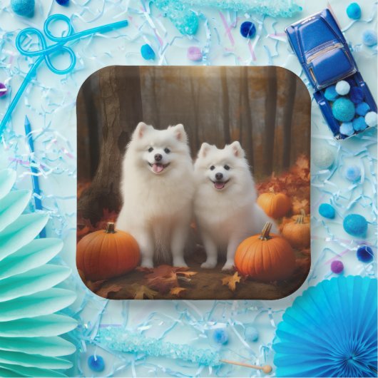 Assiettes En Carton American Eskimo Chiot Automne Citrouille délice (Fête)