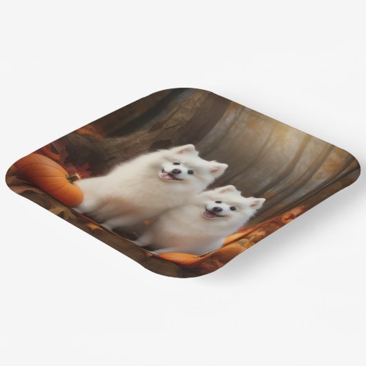Assiettes En Carton American Eskimo Chiot Automne Citrouille délice (Angulaire)