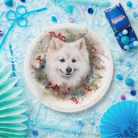 Assiettes En Carton American Eskimo Christmas Wreath Festive Pup (Fête)