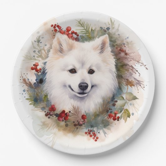 Assiettes En Carton American Eskimo Christmas Wreath Festive Pup (Devant)