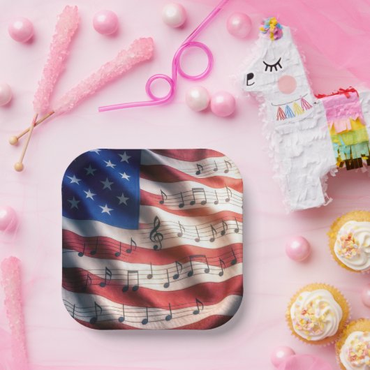 Assiettes En Carton American Flag With Musical Notes (Fête)