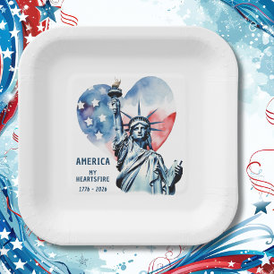 Assiettes En Carton Amérique Mon Cœur de Feu 1776-2026 Patriotique