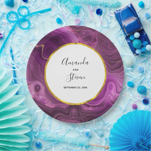 Assiettes En Carton Améthyste pourpre et Mariage d'agate Abstrait or (Fête)
