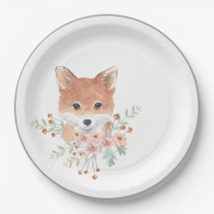 Assiettes En Carton Amis du bois Fox Floral Vert aquarelle
