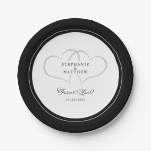 Assiettes En Carton Amour Éternel Élégant Mariage Cœurs Noir & Blanc