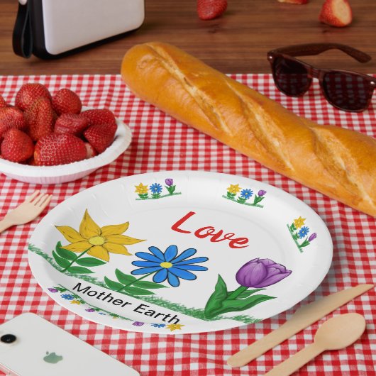 Assiettes En Carton Amour Mère Terre Fleurs Jardin Blanc (Pique-nique)