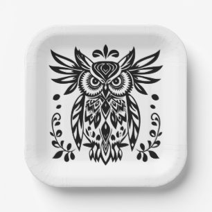 Assiettes En Carton Amoureux de hiboux Rustique Bois Noir Blanc Bohème