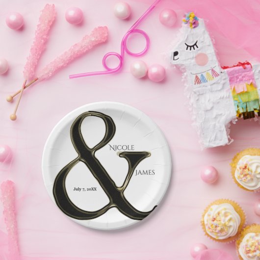 Assiettes En Carton Ampersand Noir & Or Chic Mariage Réception (Fête)