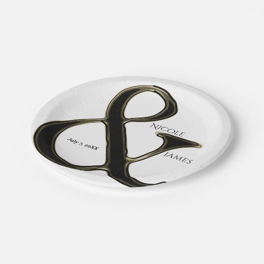 Assiettes En Carton Ampersand Noir & Or Chic Mariage Réception (Angle)