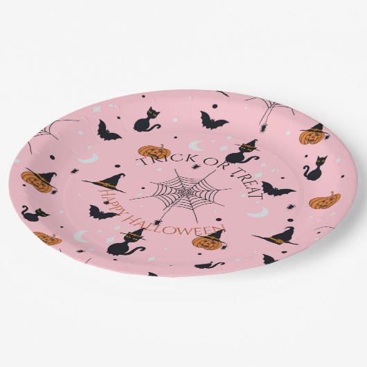 Assiettes En Carton Amusant Éffrayant Halloween rose (Angle)