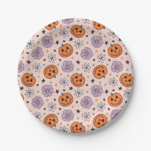Assiettes En Carton Amusants Citrouilles d'Halloween et Fleurs Motif
