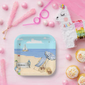 Assiettes En Carton Amusement À La Plage Bleu Aqua Aquarelle Scène (Fête)