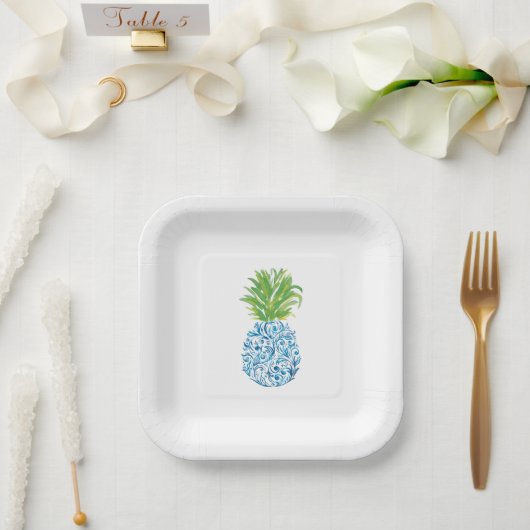 Assiettes En Carton Ananas Chinoiserie Bleu Blanc Preppy (Mariage)