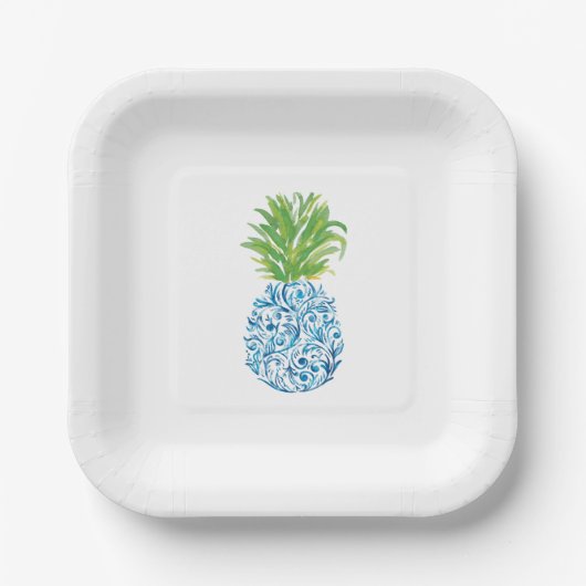 Assiettes En Carton Ananas Chinoiserie Bleu Blanc Preppy (Recto)