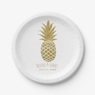 Assiettes En Carton Ananas Doré Blanc Moderne Chic Fête Tropicale