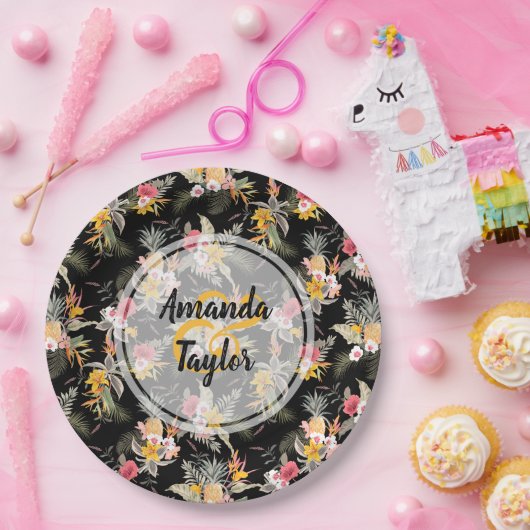 Assiettes En Carton Ananas et fleurs sur noir (Fête)