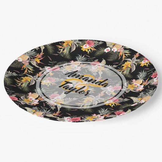 Assiettes En Carton Ananas et fleurs sur noir (Angle)