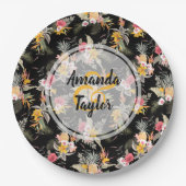Assiettes En Carton Ananas et fleurs sur noir (Devant)