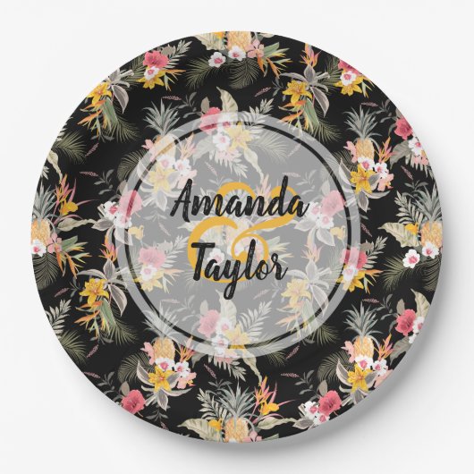 Assiettes En Carton Ananas et fleurs sur noir (Devant)