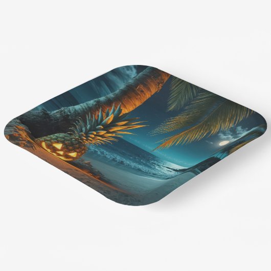 Assiettes En Carton Ananas Jack-o-lanterne Sur Une Plage (Angulaire)