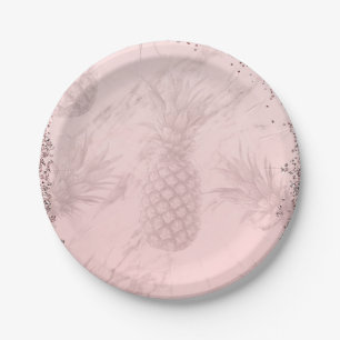 Assiettes En Carton Ananas Pailleté Or Rose Fête Tropicale