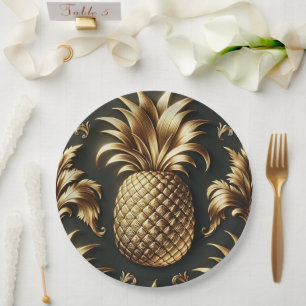 Assiettes En Carton Ananas Tropical Noir & Or Luxueux Mariage